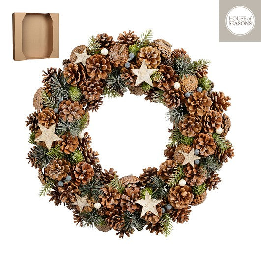 Wreath 50 cm diameter - pinecones and stars - brown